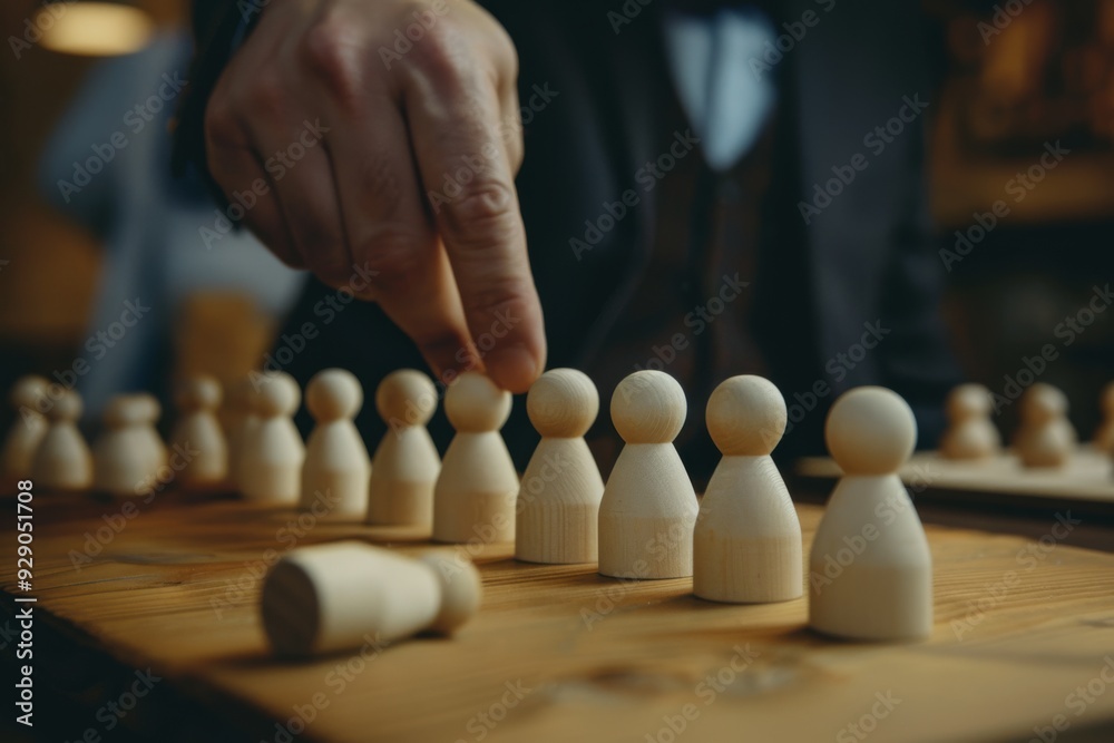 A person's hand strategically places wooden game pieces on a board, emphasizing strategy and careful planning in a warm-lit room.