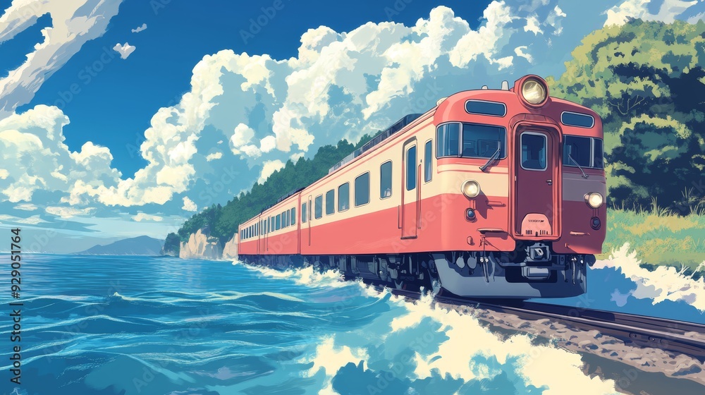 Fototapeta premium Train on the sea, anime style