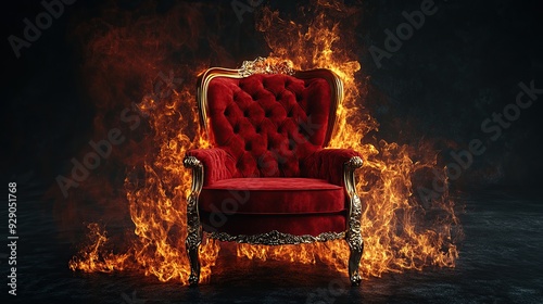 red velvet chair with golden elements. Burning flames on the black background, hot seat concept. copy space.