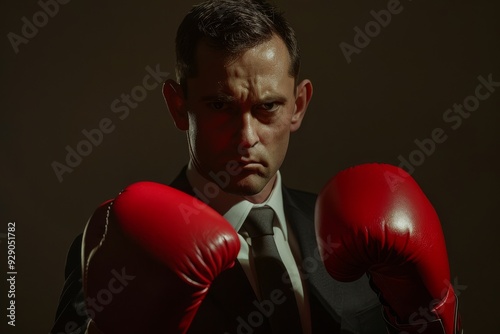 A serious man in a suit and tie, wearing red boxing gloves, stands confidently, combining business with a fierce determination.