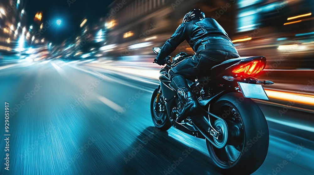 Fototapeta premium Speeding motorbike on the street at night, sport motorcycles concept. copy space for text.