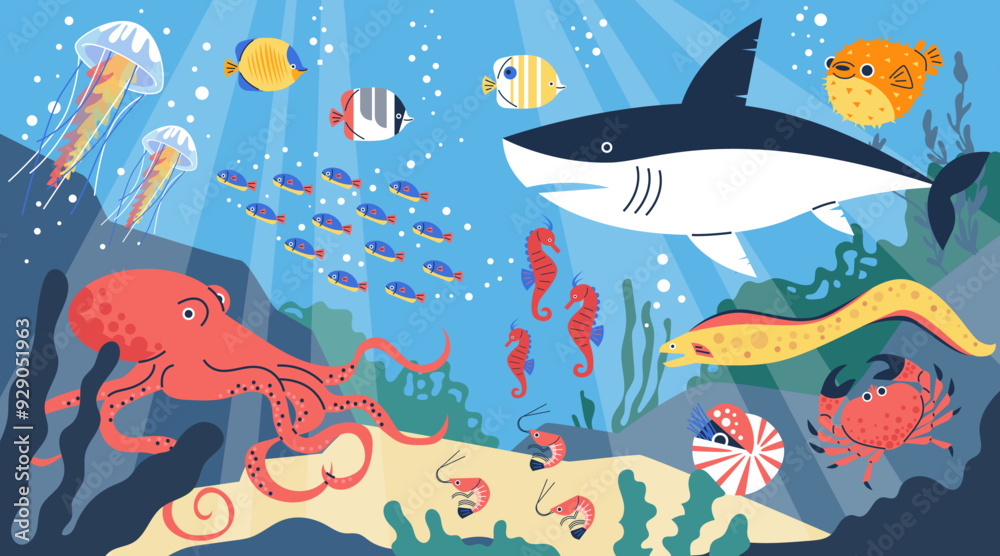 Underwater fauna with sea inhabitants. Vector illustration in flat style. Underwater fauna with sea inhabitants. Vector illustration in flat style.
