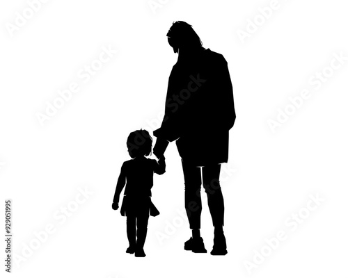 Mother and kid daughter walking outdoor silhouette vector illustration