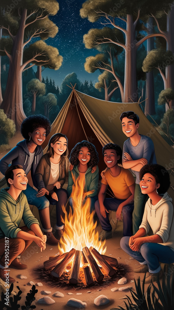 Design an art print depicting a group of five friends, diverse in age, gender, and skin tone, gathered around a roaring campfire, their faces illuminated by the warm, golden glow of the flames, with a