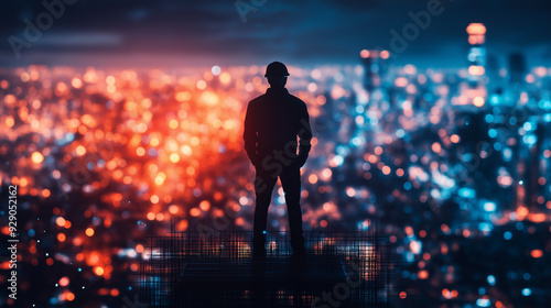 Wallpaper Mural A man in a hard hat stands on a ledge overlooking a city Torontodigital.ca