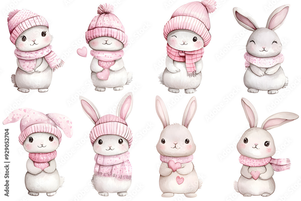 Cute adorable tiny bunny collection with warm hat and scarf isolated on a white background Cute adorable tiny bunny collection with warm hat and scarf isolated on a white background