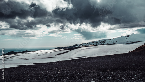 Snow-capped mountains on the Fimmvörðuháls trail in Iceland.