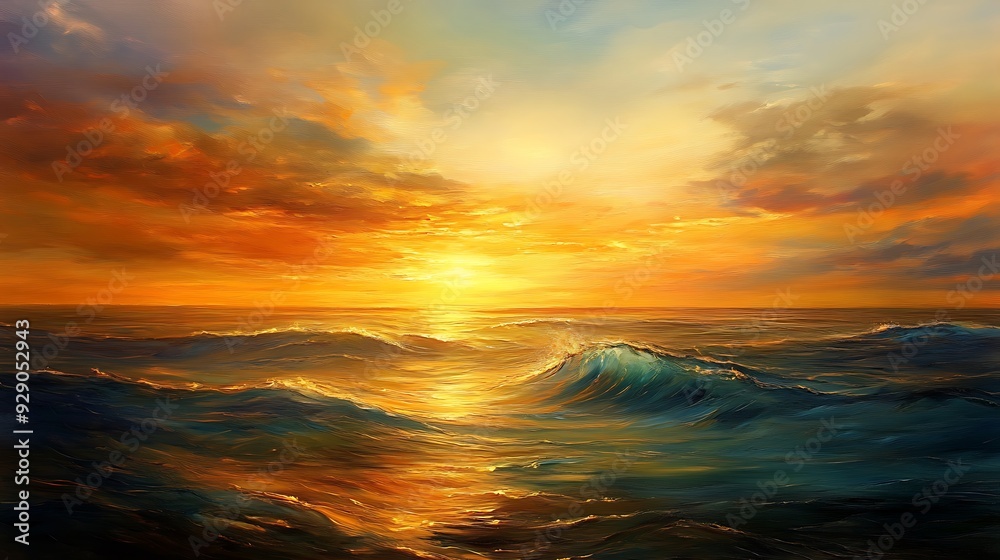 Golden Sunset Over a Rolling Ocean with Clouds Golden Sunset Over a Rolling Ocean with Clouds