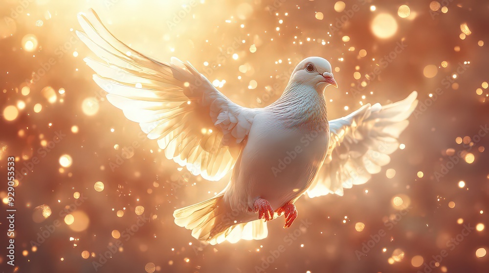 Fototapeta premium dove surrounded by a halo of light, floating in a heavenly atmosphere with hints of angels and celestial beings in the background.