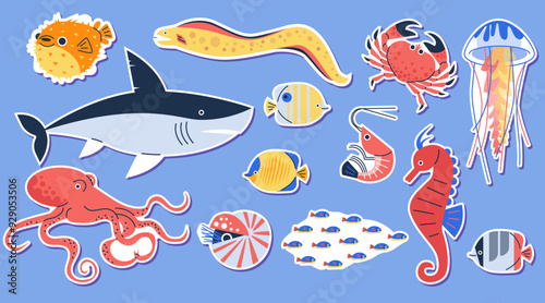 Set of bright vector images with jellyfish, crab, shark, seahorse, octopus and colorful fish swimming
