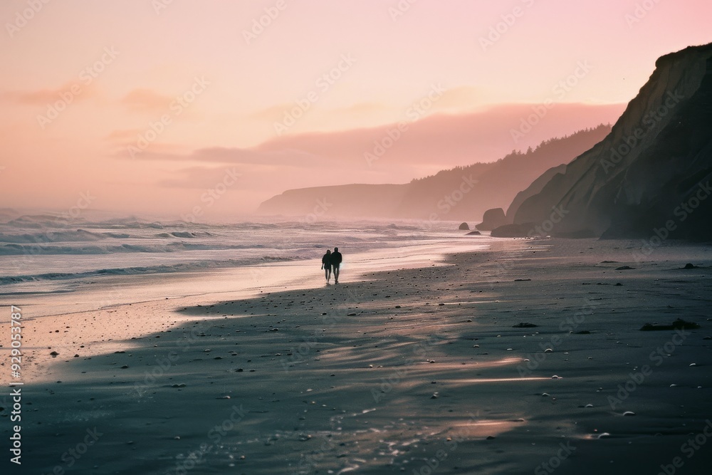 A couple walks along a misty beach at dusk, gently holding hands as the waves meet the shoreline, casting an enchanting pink hue. A couple walks along a misty beach at dusk, gently holding hands as the waves meet the shoreline, casting an enchanting pink hue.