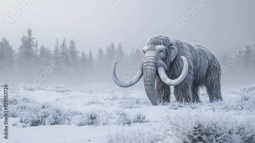 Woolly mammoth in a prehistoric winter landscape. Image of animal. copy space for text.