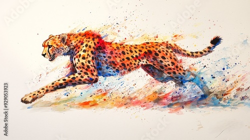 Watercolor cheetah running at full speed, in a blur of vibrant colors.