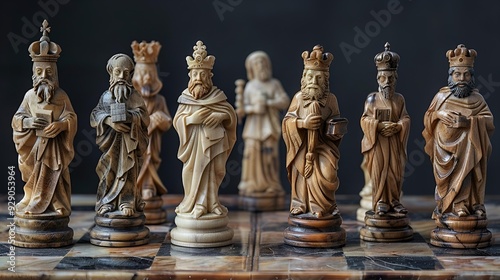 Wooden chess pieces featuring various intricate figures.