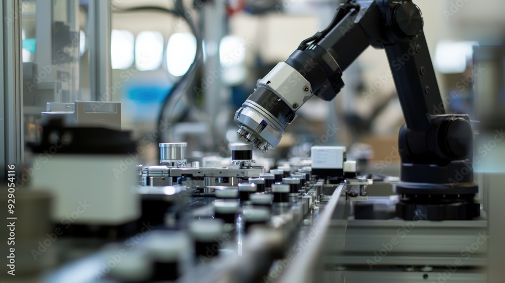 A robotic arm assembling a product on a manufacturing line, showcasing automation in industry A robotic arm assembling a product on a manufacturing line, showcasing automation in industry