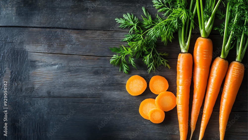 carrots and slices on black wooden table background. top view photo. carrots and slices on black wooden table background. top view photo.