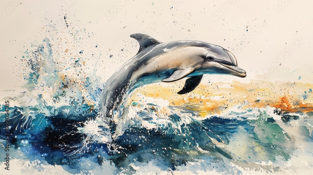 Obraz premium Watercolor dolphin leaping out of the ocean, with waves and splashes.