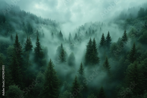 Atmospheric fog rolling over a dense forest