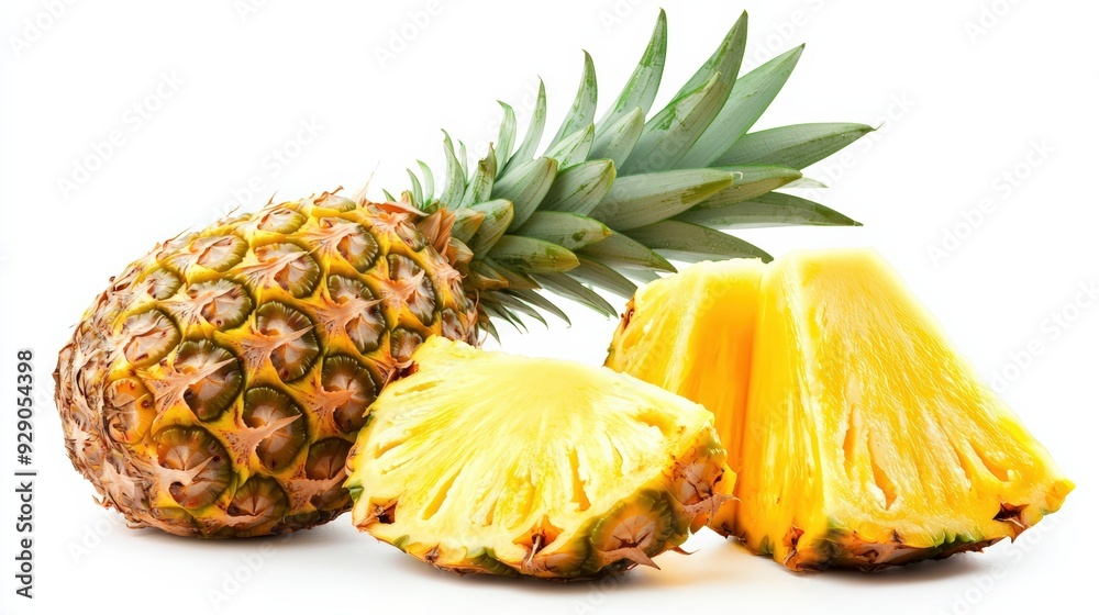 A ripe pineapple, with slices arranged to highlight its juicy flesh, isolated on a white background A ripe pineapple, with slices arranged to highlight its juicy flesh, isolated on a white background