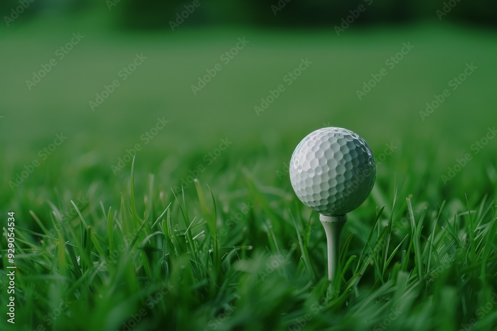 Fototapeta premium A crisp white golf ball perched perfectly on a tee, set against a lush green backdrop, ready for the perfect swing.