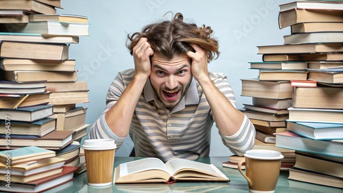 Overwhelmed young adult surrounded by stacks of books, papers, and empty coffee cups, pulling hair out in frustration, exemplifying the chaos of student life.