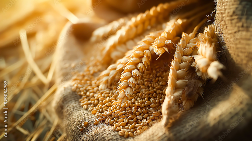 Wheat ears and grains, Golden wheat ears and wheat grain in a sack Wheat ears and grains, Golden wheat ears and wheat grain in a sack