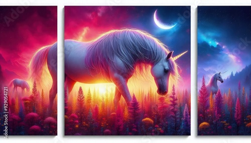 HD triptych art of unicorn grazing in a twilight meadow, vibrant sunset colors, magical atmosphere, digital painting