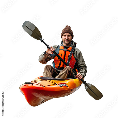Full length portrait of a man kayaking Isolated on transparent background.