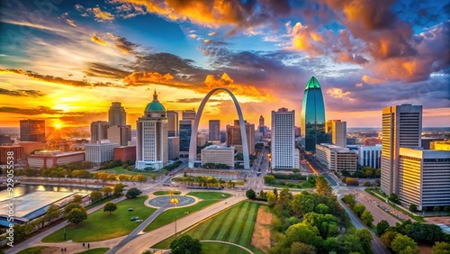 Panoramic view of Missouri's vibrant cityscape at sunset, featuring sleek skyscrapers, bustling streets, and majestic Gateway Arch against a warm, cloud-dotted blue sky. photo