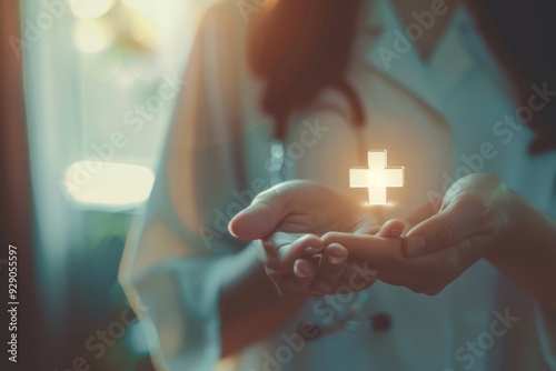 Hands cradling a glowing cross, signifying hope, faith, and medical care, imbued with a sense of compassion and healing.