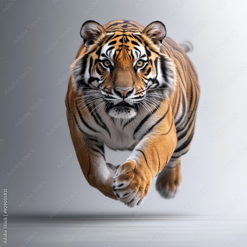 Obraz premium A majestic tiger sprinting towards the viewer, showcasing its strength and elegance in a dynamic pose.