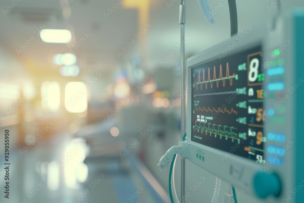 A close-up of a hospital monitor displaying vital signs in an ICU, with soft daylight filtering through the background, representing healthcare and life. A close-up of a hospital monitor displaying vital signs in an ICU, with soft daylight filtering through the background, representing healthcare and life.