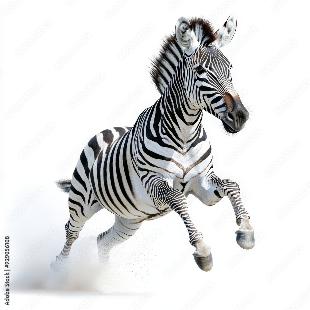 A majestic zebra running gracefully, showcasing its striking black and white stripes against a clean white background. A majestic zebra running gracefully, showcasing its striking black and white stripes against a clean white background.