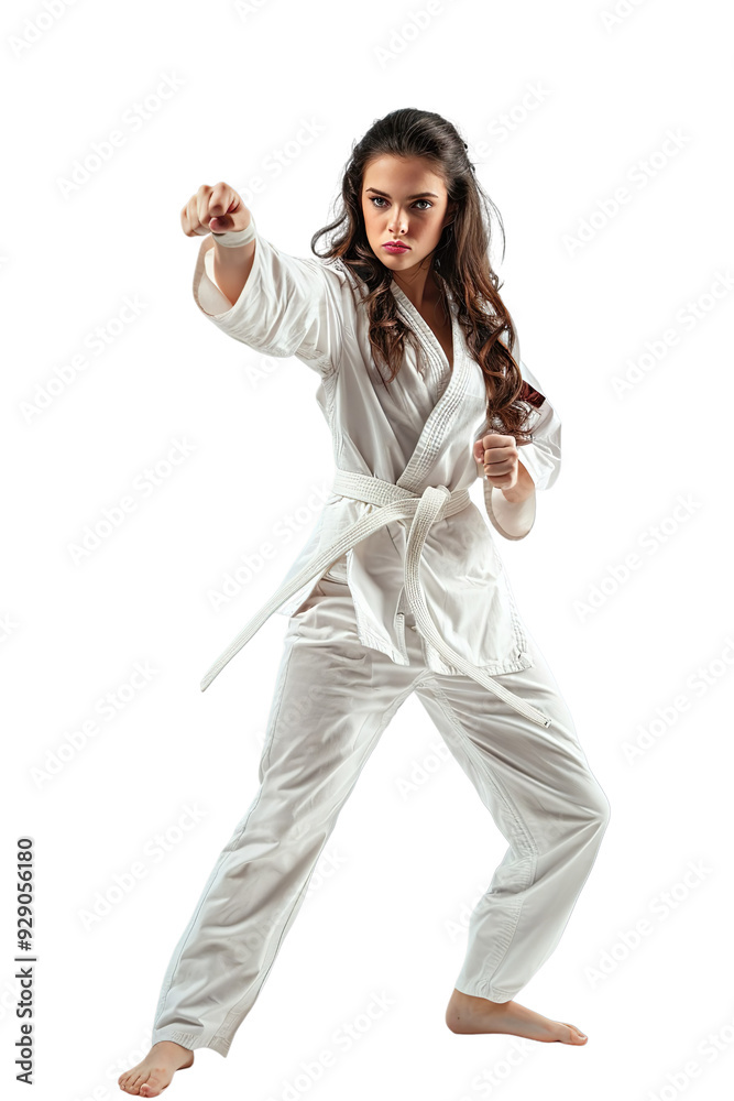Full length portrait of a woman doing a karate punch Isolated on transparent background. Full length portrait of a woman doing a karate punch Isolated on transparent background.