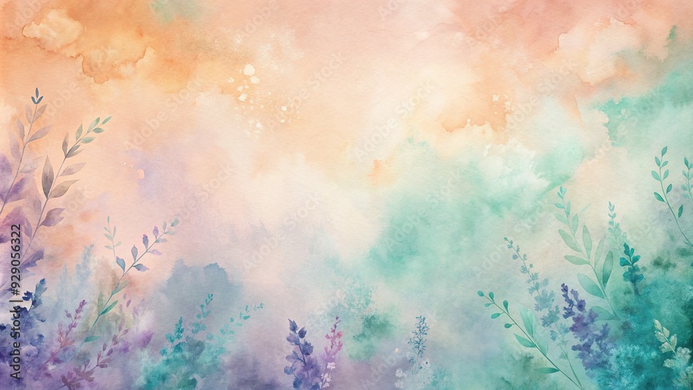 Fototapeta premium Pastel hues of peach, lavender, and mint blend seamlessly in a soft, dreamy watercolor background with gentle textures and subtle gradient effects.