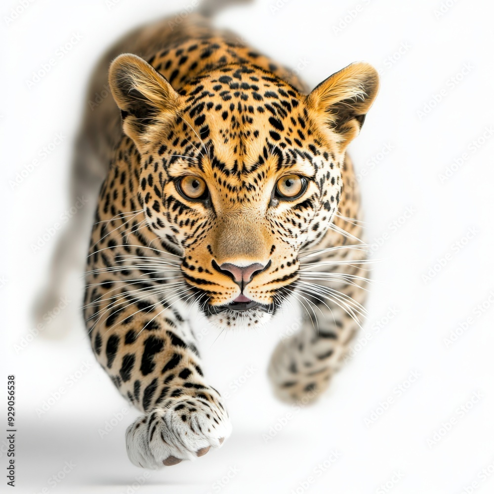 Obraz premium A powerful leopard in mid-stride, showcasing its majestic spots and fierce expression, perfect for wildlife enthusiasts and educators.
