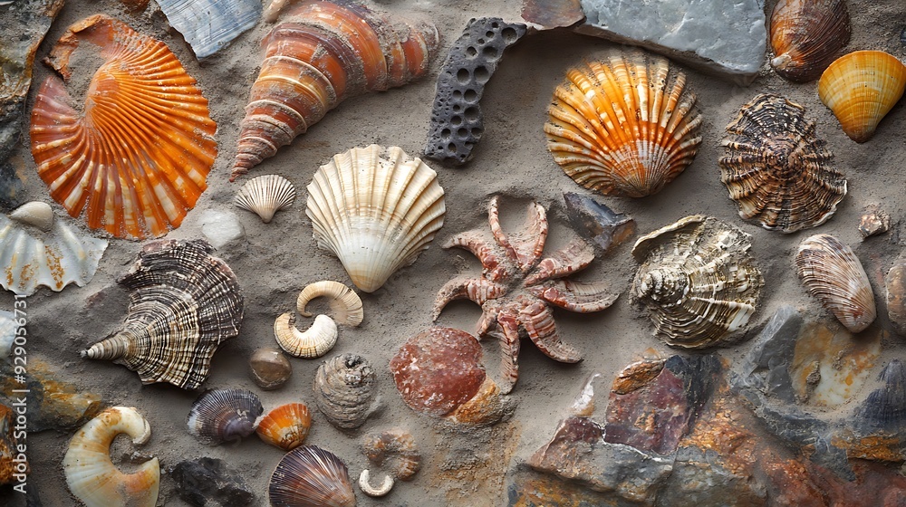 A collection of seashells of various sizes, shapes and colors arranged on a rough textured background. A collection of seashells of various sizes, shapes and colors arranged on a rough textured background.