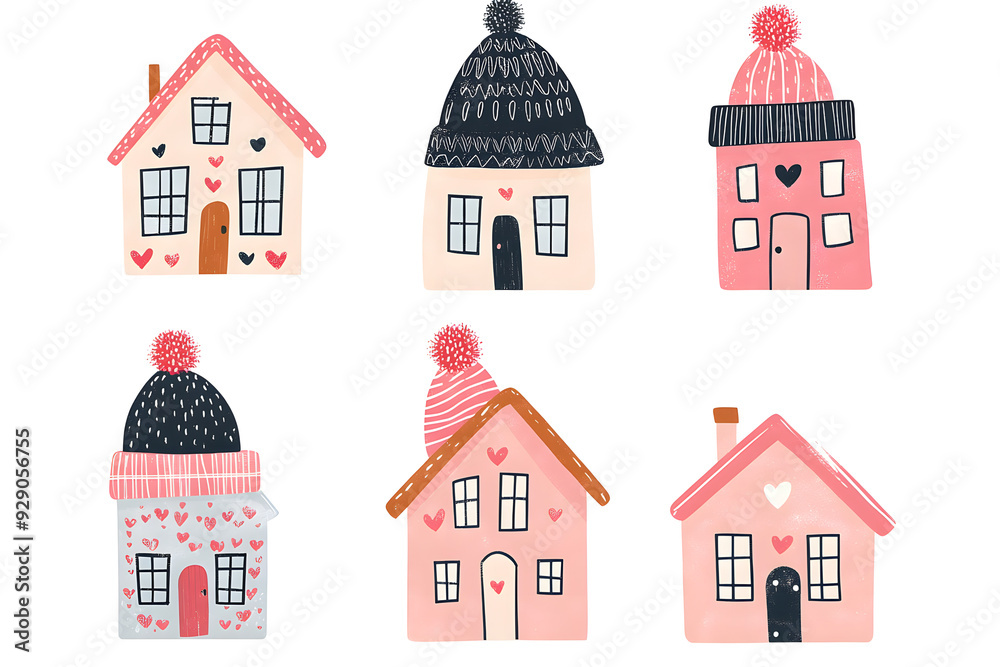 Cute tiny houses watercolor collection with warm winter hat isolated on a white background Cute tiny houses watercolor collection with warm winter hat isolated on a white background