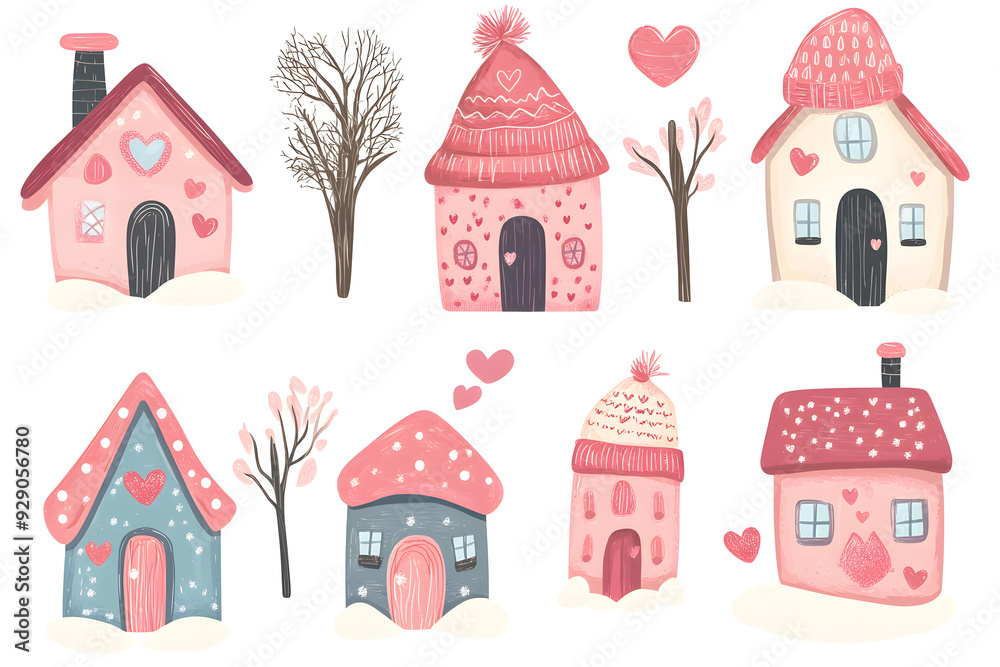 Cute tiny houses watercolor collection with warm winter hat isolated on a white background Cute tiny houses watercolor collection with warm winter hat isolated on a white background