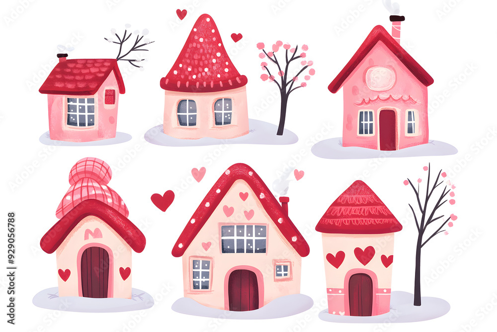 Cute tiny houses watercolor collection with warm winter hat isolated on a white background Cute tiny houses watercolor collection with warm winter hat isolated on a white background