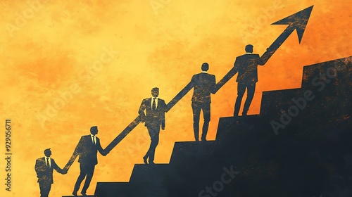 Businessmen Climbing Upwards Together on a Staircase with an Arrow photo