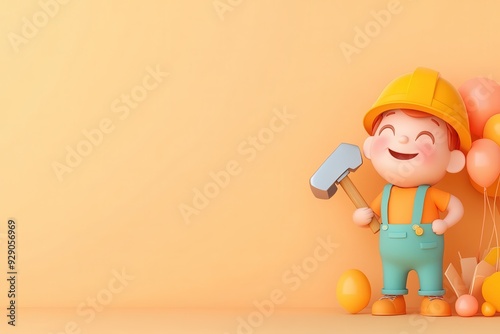 Cheerful 3D Cartoon Construction Worker with Hard Hat and Hammer on Light Background