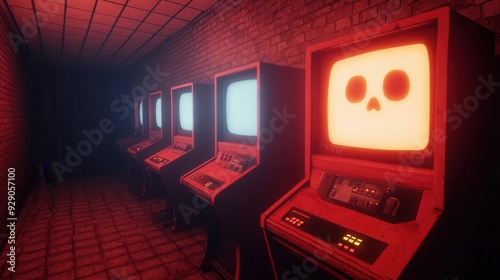 Haunted video game arcade with glowing screens, eerie shadows, 3D illustration