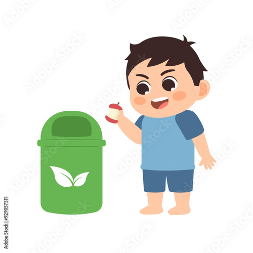 Cartoon illustration of a boy dispose organic waste