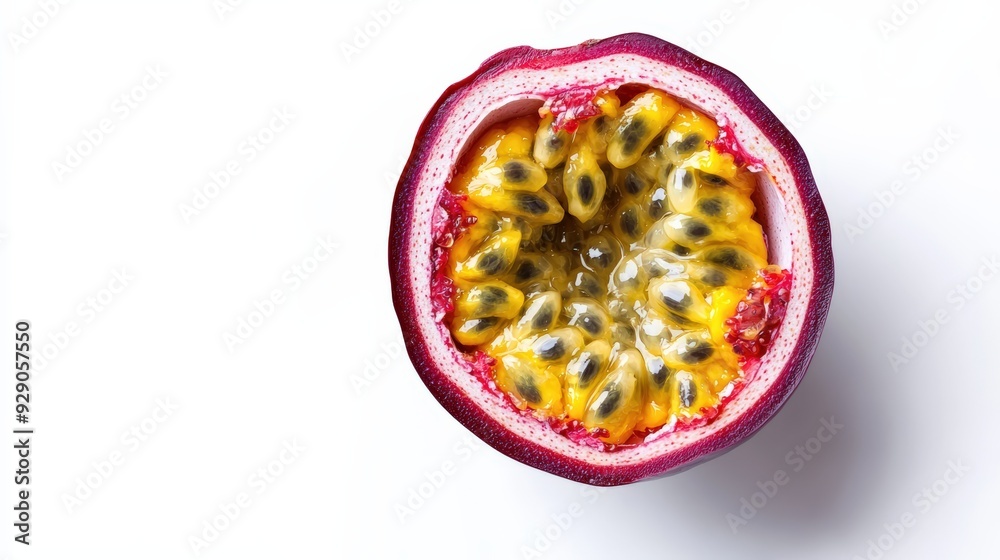 A ripe passion fruit, halved to reveal its bright yellow seeds, isolated on a white background, showcasing its export quality A ripe passion fruit, halved to reveal its bright yellow seeds, isolated on a white background, showcasing its export quality