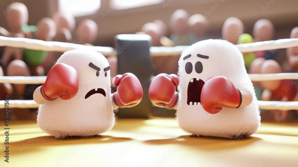 Cartoon boxing match with ghostly fighters, lively crowd, 3D cartoon Cartoon boxing match with ghostly fighters, lively crowd, 3D cartoon