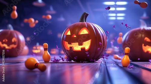 Cartoon bowling alley with pumpkin-headed pins, lively atmosphere, 3D cartoon