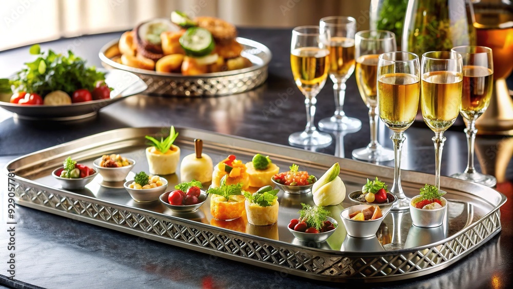 Polished metal server with a reflective tray, adorned with a delicate pattern, holds an assortment of delectable appetizers and drinks, perfect for a luxurious event. Polished metal server with a reflective tray, adorned with a delicate pattern, holds an assortment of delectable appetizers and drinks, perfect for a luxurious event.