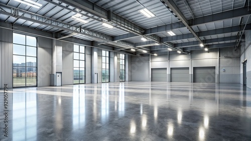 Polished grey concrete floor with subtle texture and soft natural light reflection, creating a modern and sleek atmosphere in an empty industrial space.