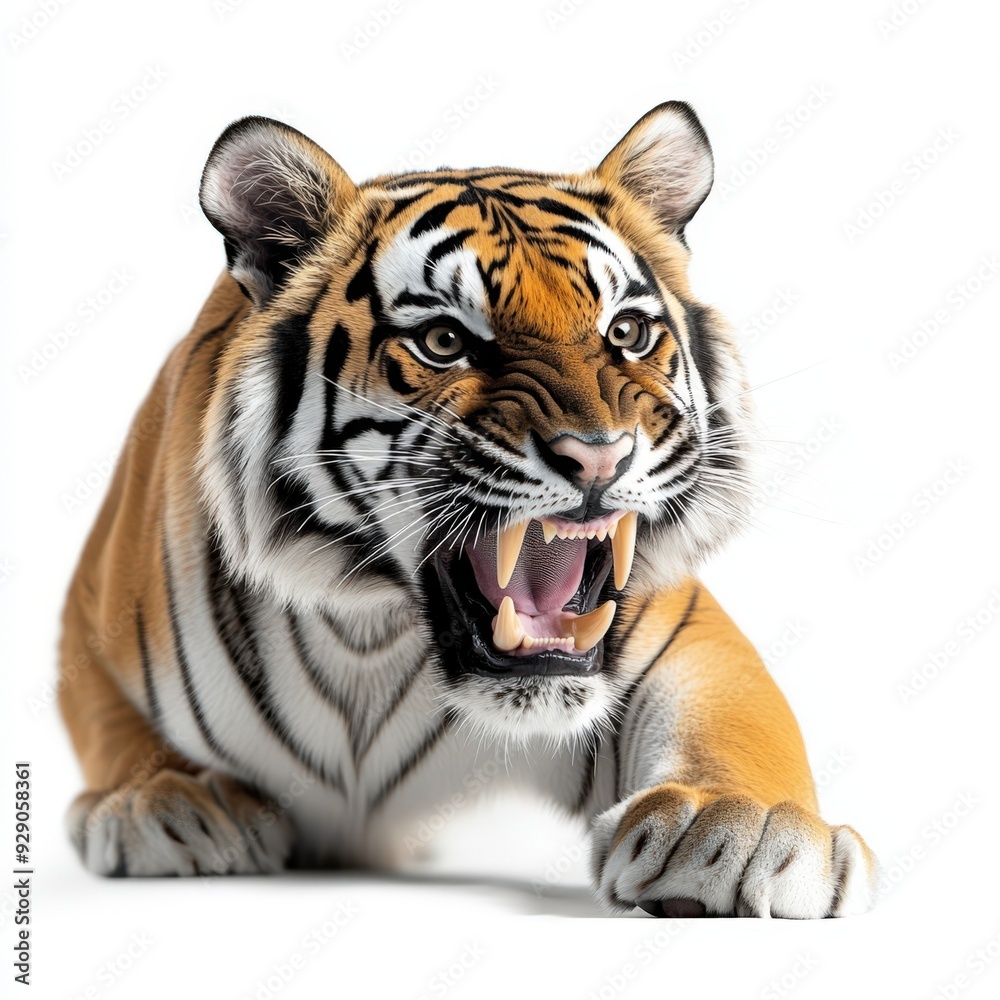 Fototapeta premium A fierce tiger with its mouth open, showcasing powerful teeth and striking orange and black fur against a white background.